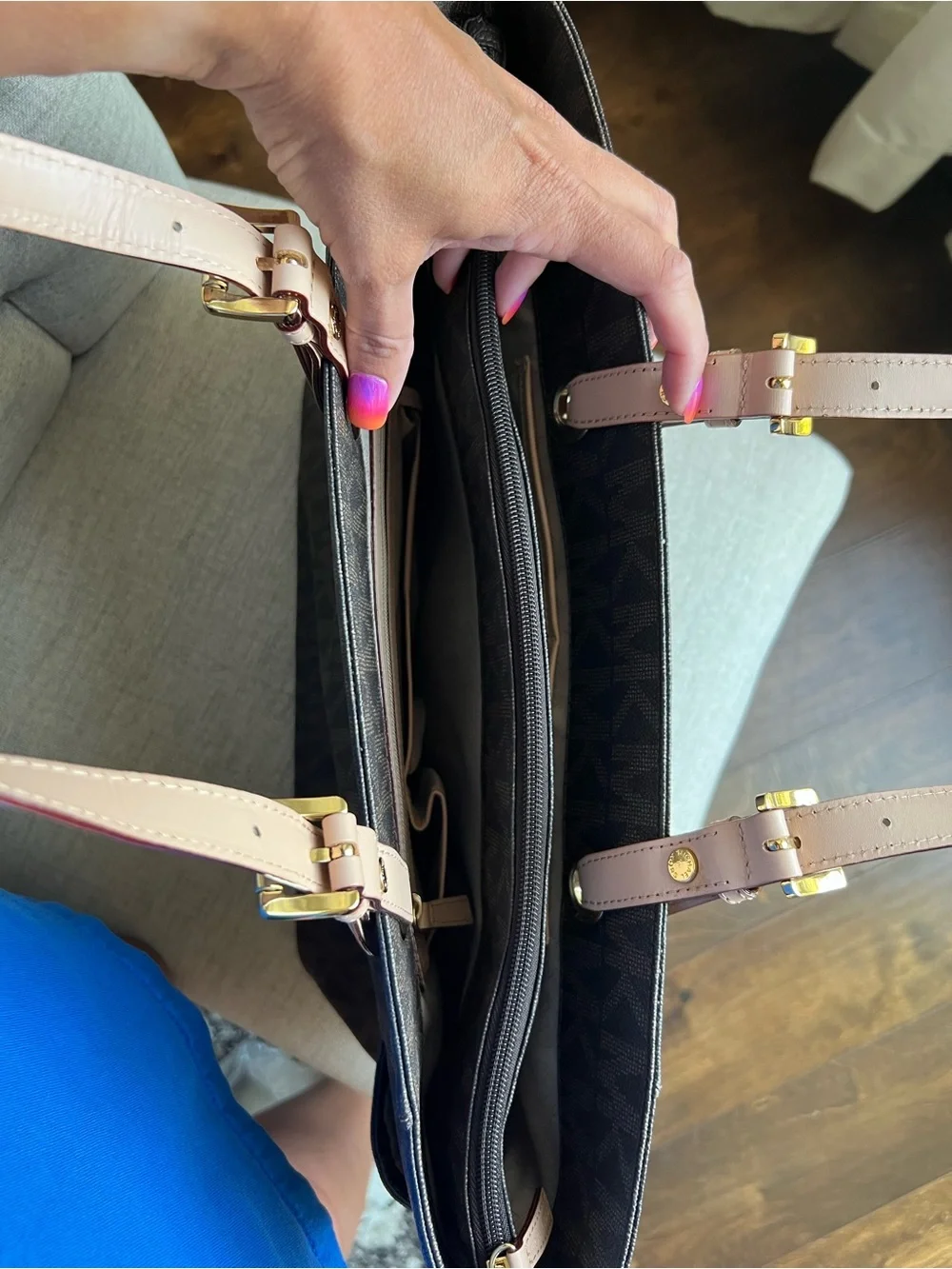 Michael Kors Brown Signature Tote with Blush Pink Leather Trim